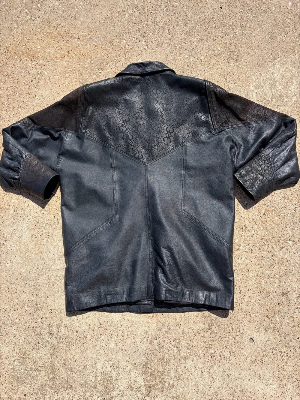Vintage G-III Leather Coat Jacket Large L Black Brown Embossed Paisley 80s 90s
